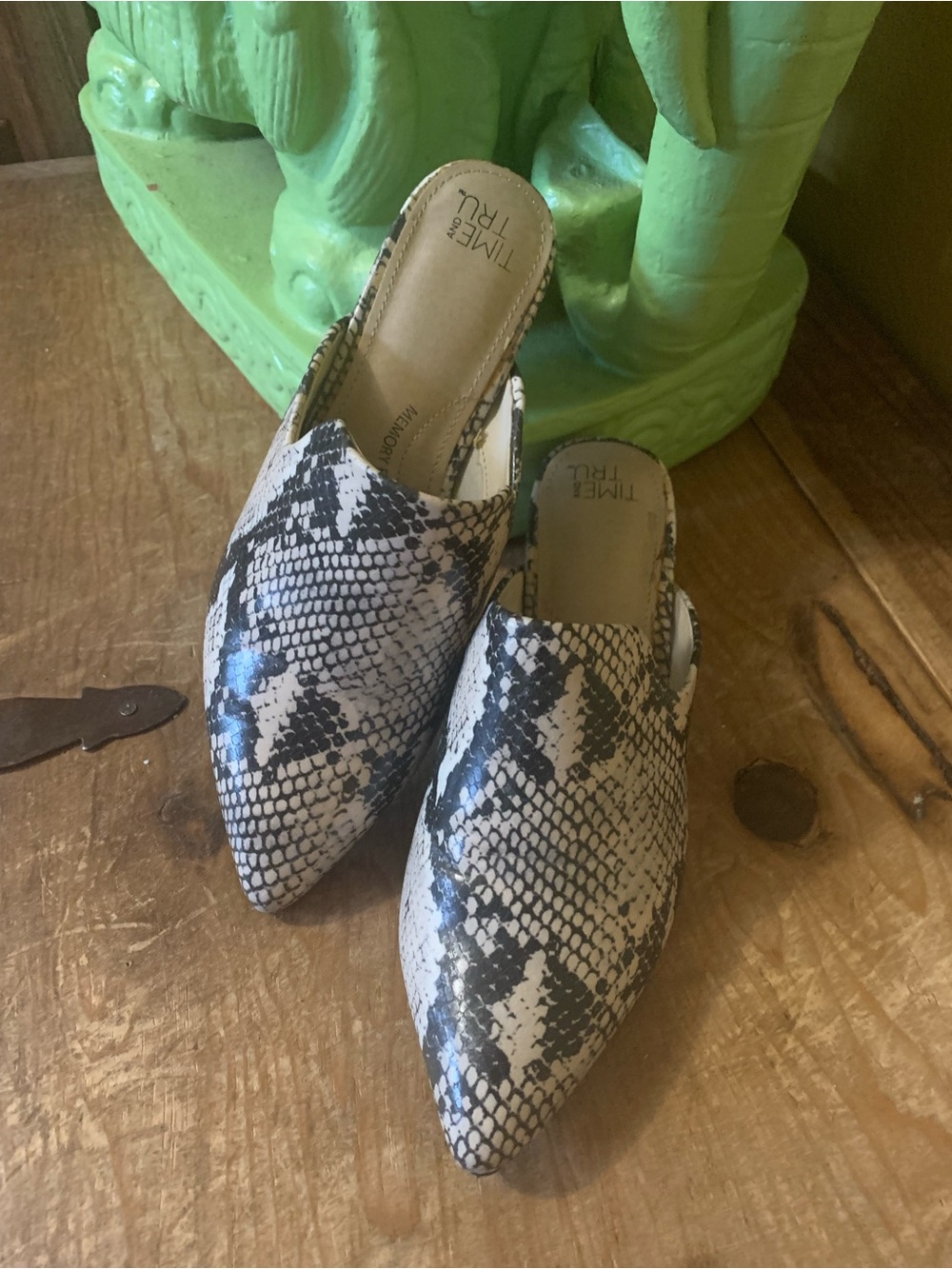 Time and Tru Snake-Print Pointed Mules in Black and White